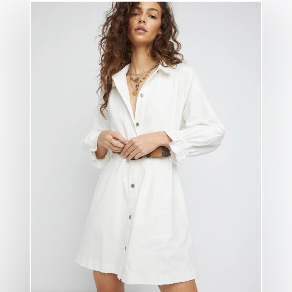 Free People We The Free Hannah Denim Mini Dress Puff Sleeve Spring White XL